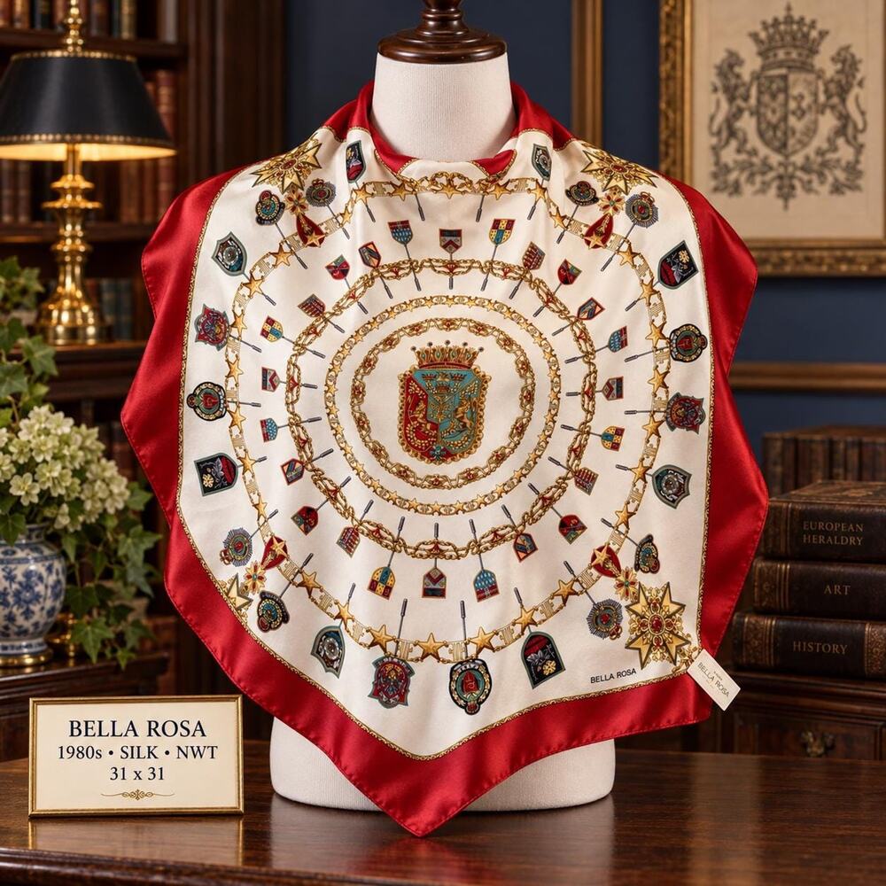 Vintage Bella Rosa Silk Scarf NWT Heraldic Medallion Crest Print 1980s Red 31x31